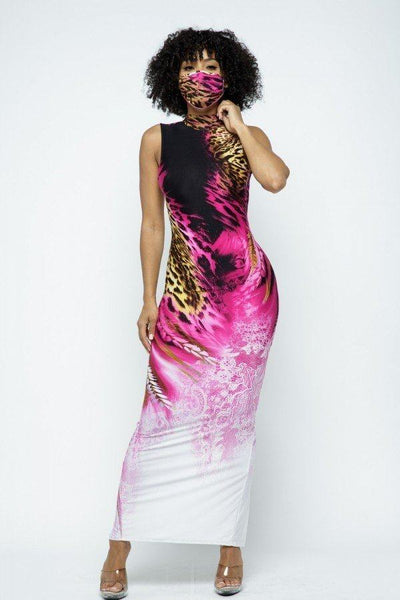 Mock Neck Back Open Body Con Maxi Dress With Mask