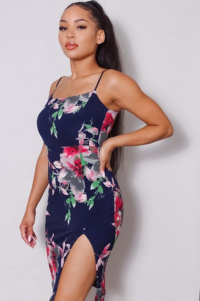 Sexy Spaghetti Strap Front Slit Floral Midi Dress